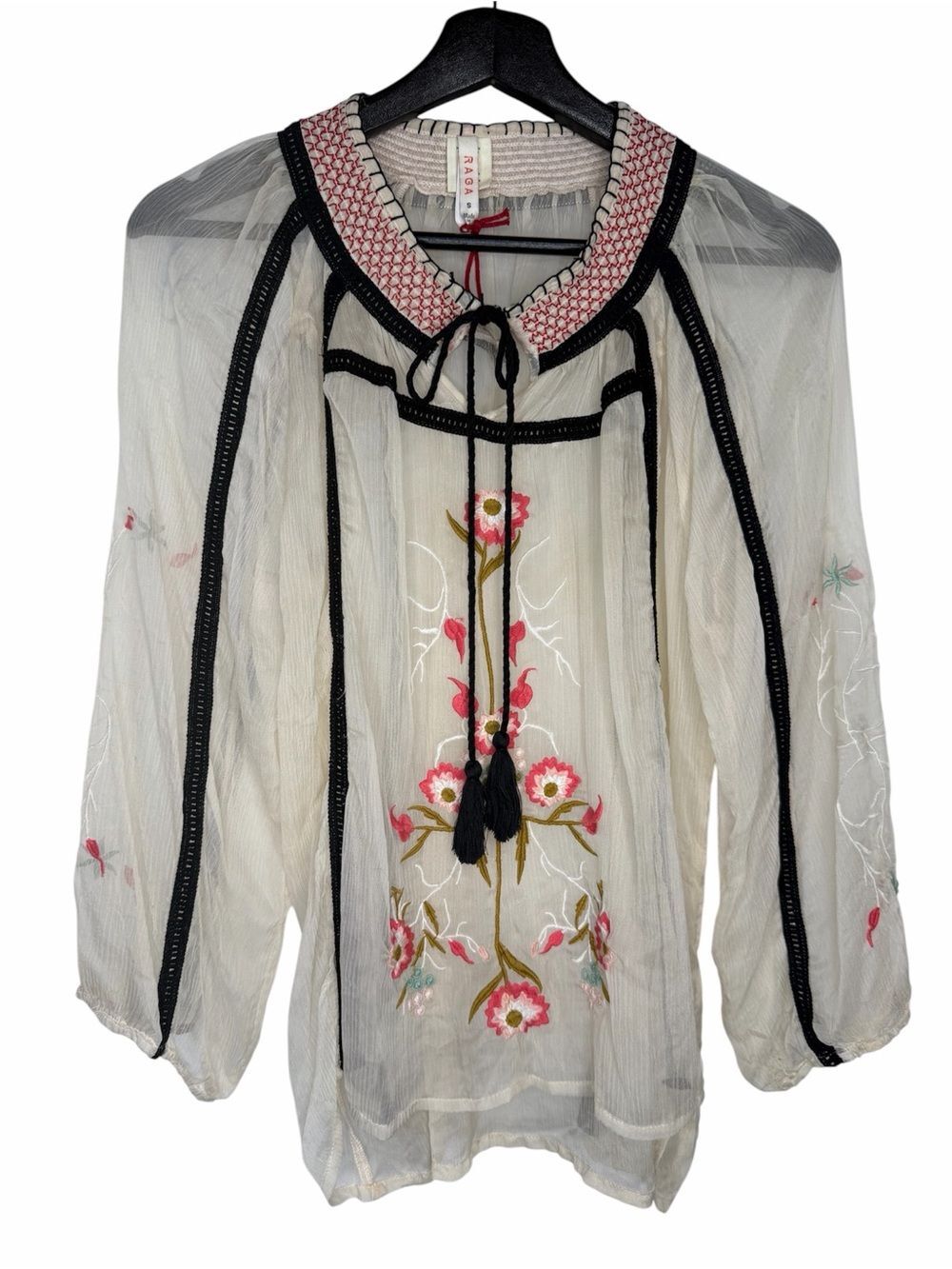 Anthropologie RAGA Floral Embroidered Sheer Blouse Top size Small Boho Festival